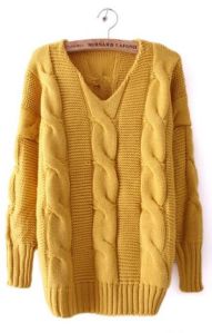 Yellow Batwing Long Sleeve V-neck Cable Sweater